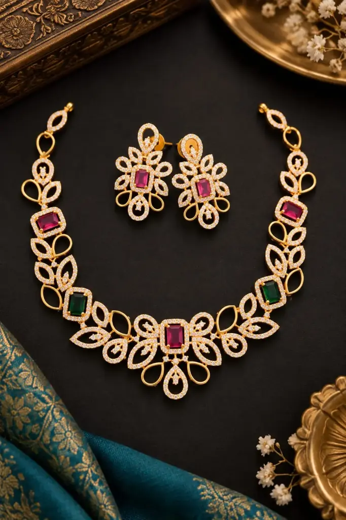 Antique Finish Ruby Green Floral Leaf American Diamond Necklace Set