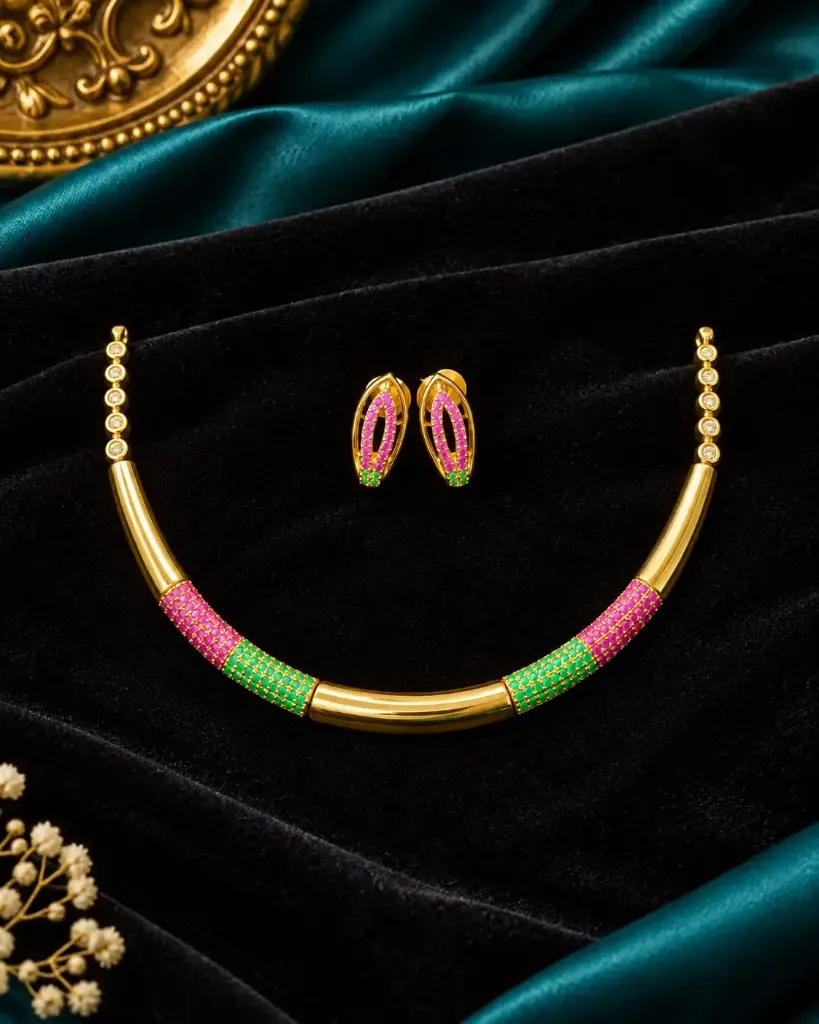 Pink & Emerald Gold Choker Set