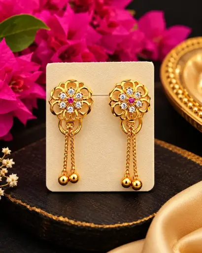 Gold-Floral Stud With Tassel Drops