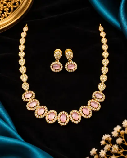Oval Stone Pink Necklace Set